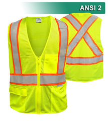 Reflective Apparel Safety Vest: Hi Vis Vest: 5pt Breakaway: X-Back Zip Lime Mesh: DOT (VEA-505-SX)