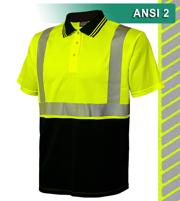Reflective Apparel Safety Polo: Hi Vis Polo Shirt: Two-Tone Birdseye: Comfort Trim by 3M™  (VEA-302-CT) Lime Black