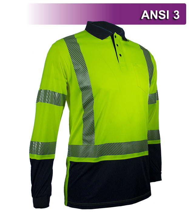 Reflective Apparel Safety Polo: Hi Vis Polo: Long Sleeve Lime/Navy Birdseye: ANSI 3 (VEA-316-CT)