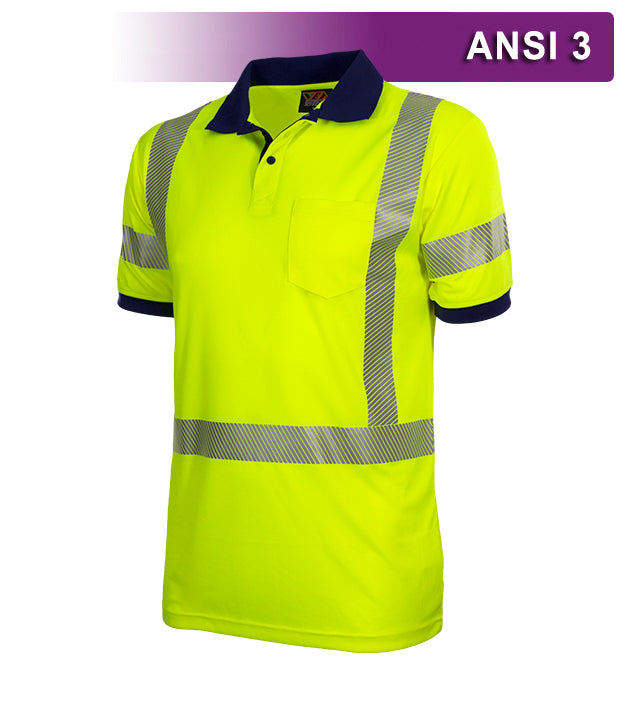 Reflective Apparel Safety Polo: Hi Vis Polo Shirt: Lime-Navy Birdseye: Comfort Trim by 3M™ (VEA-334-CT)