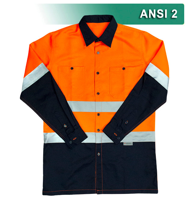 Reflective Apparel Safety Work Shirt: Hi Vis Button Down: Orange-Navy 2-Tone: ANSI 2 (VEA-350-ST)