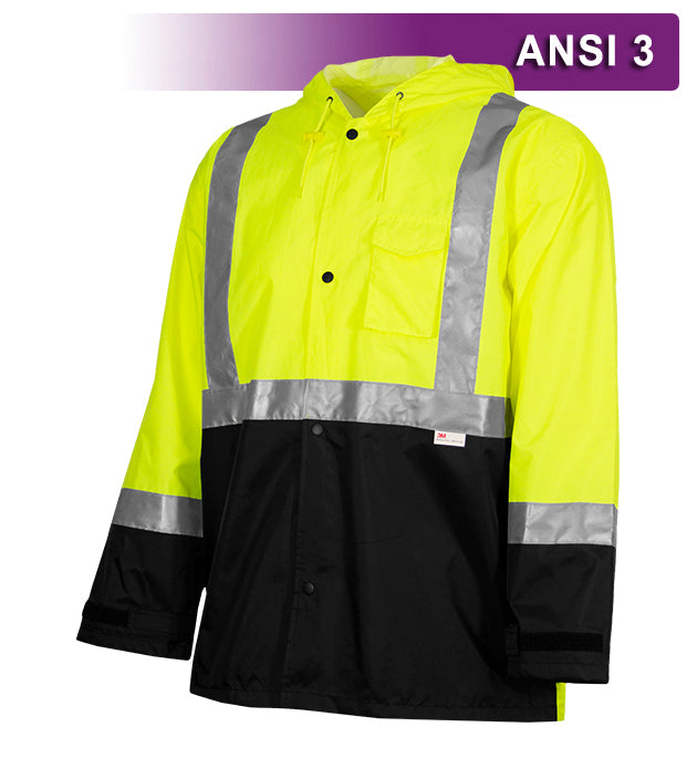 Reflective Apparel Safety Rain Jacket: Lightweight Waterproof Hi Vis 2-Tone: Adjustable Hood (RAF-403-ET)