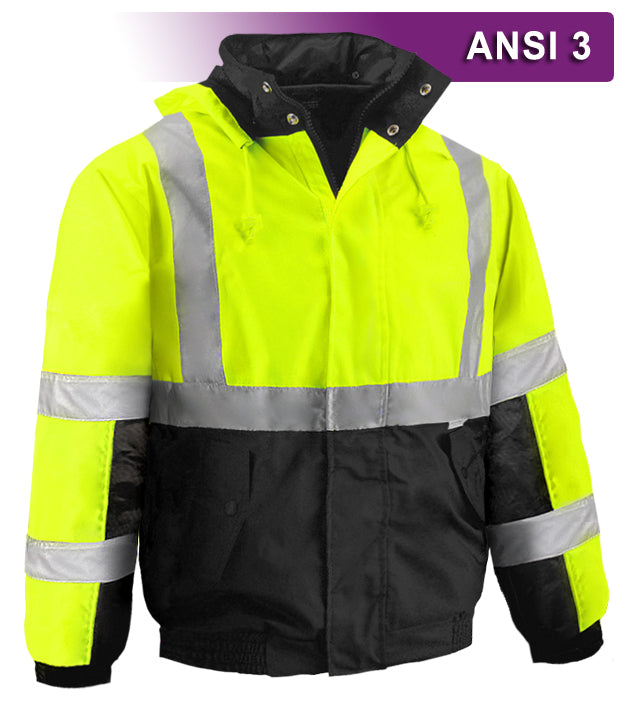 Reflective Apparel Safety Jacket: Hi Vis Bomber: Breathable Waterproof: Hood: Lime 2-Tone (VEA-411-ST)