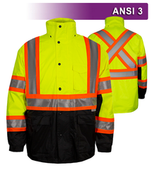 Reflective Apparel Safety X-Back DOT Jacket: HiVis Parka: Breathable Waterproof Hooded (VEA-431-CX)