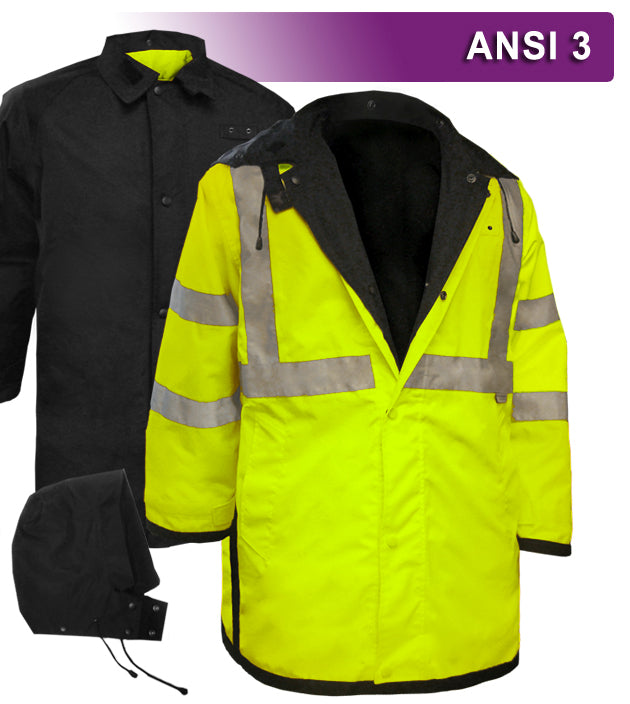 Reflective Apparel Safety Raincoat: Reversible Mid-Length Hi Vis Jacket: Lime (VEA-449-ST)