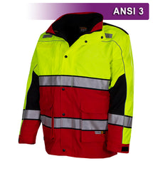 Reflective Apparel Safety Jacket: Hi Vis Responder Parka: Waterproof: 2-Tone Lime & Red (VEA-461-ST)