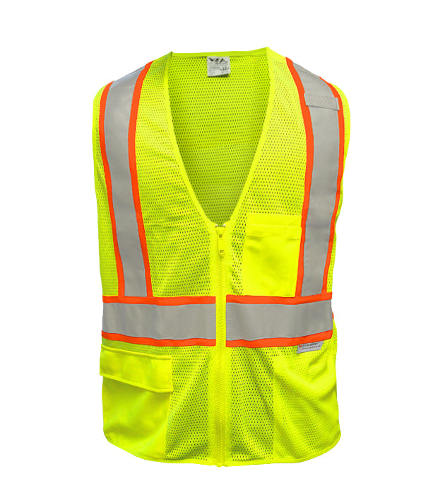 Reflective Apparel Safety Vest: Hi Vis Vest: 5pt Breakaway: Zip Lime Mesh: Contrasting DOT (VEA-505-ST)