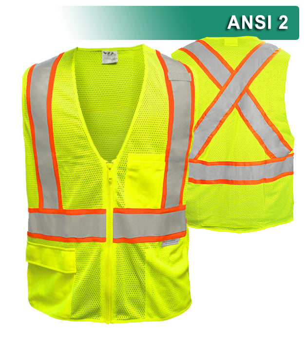 Reflective Apparel Safety Vest: Hi Vis Vest: 5pt Breakaway: X-Back Zip Lime Mesh: DOT (VEA-505-SX)