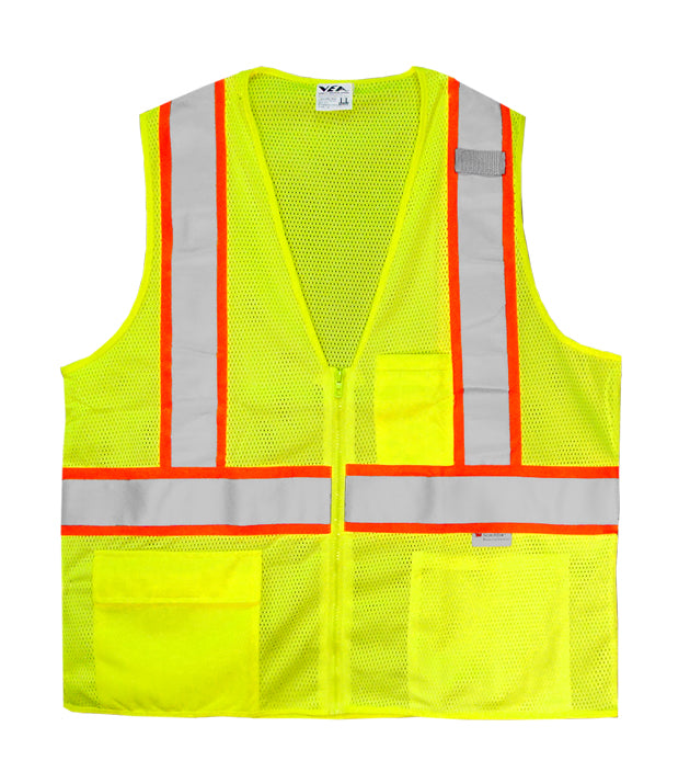 Reflective Apparel Safety Vest: Hi Vis Vest: Lime Zippered Mesh: Contrasting Trim DOT: ANSI 2 (VEA-506-ST)