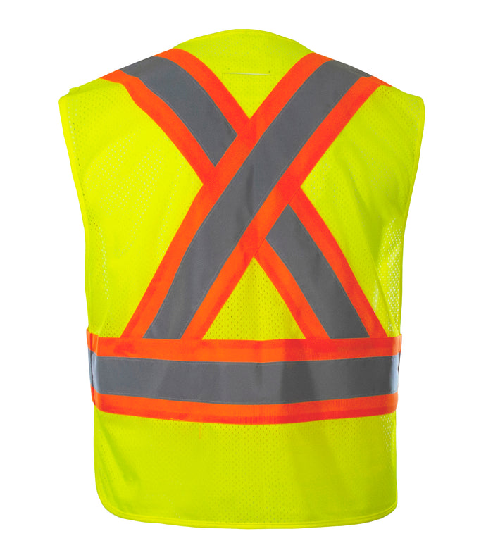 Reflective Apparel Safety Vest: Hi Vis Vest: 5pt Breakaway, X-Back Lime Mesh w/D-Ring (RAF-566-GX)