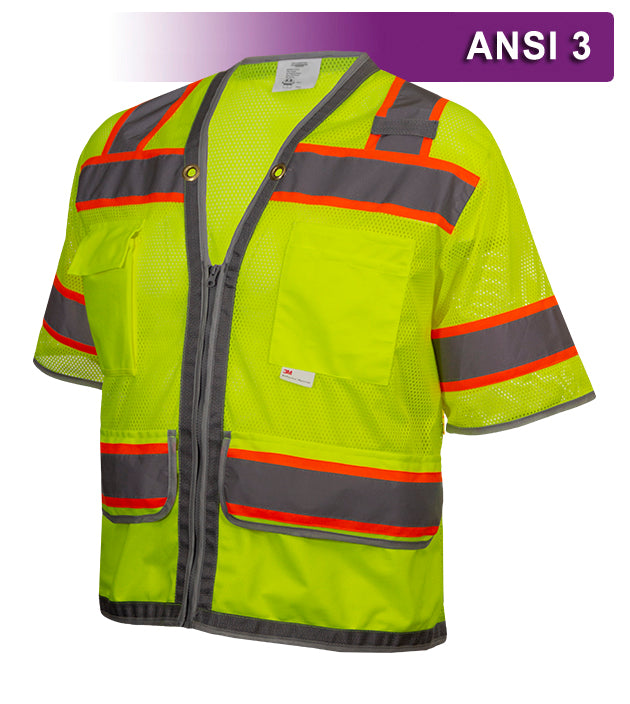 Reflective Apparel Multi-Pocket Safety Vest: Hi-Vis Lime Mesh Vest: Surveyor: Contrasting Trim (RAF-578-ET)