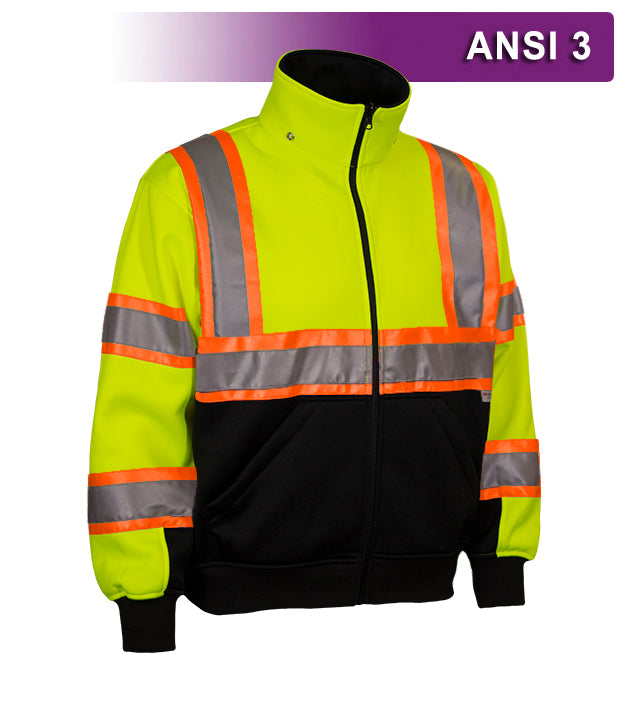 Reflective Apparel Safety Sweatshirt:Hi Vis Full Zip 2-Tone Contrasting X-Back:Removeable Hood (VEA-602-CX)