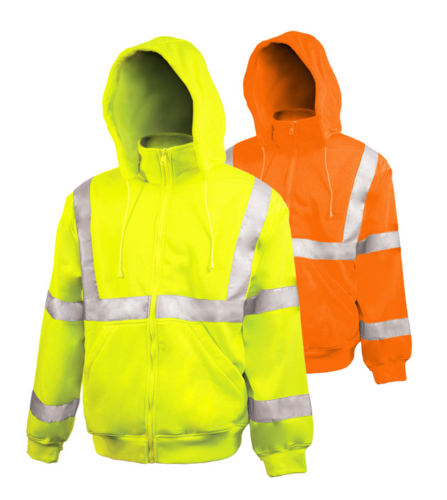 Reflective Apparel Safety Sweatshirt: Hi Vis Full Zip: Removeable Hood: 10.5oz (VEA-602-ST)